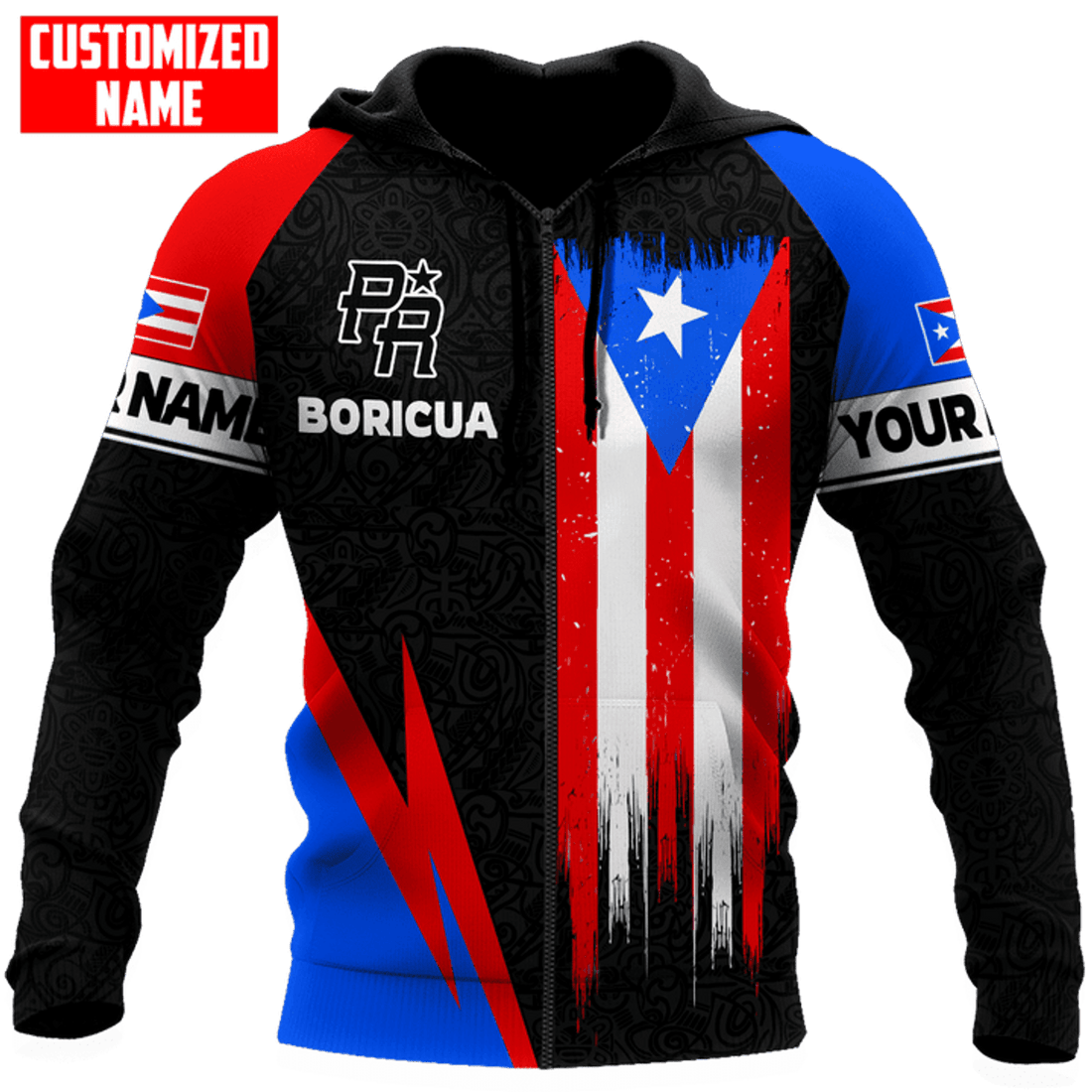FUNSTUFFPRINT Personalized Puerto Rico Flag Distressed Boricua Unisex 3D Hoodie and Zip Hoodie