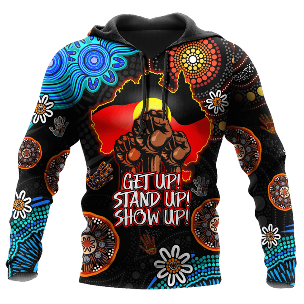 FUNSTUFFPRINT Aboriginal Indigenous Naidoc Week Get Up Stand Up Show Up Blue Sun Map 3D Hoodie and Zip Hoodie