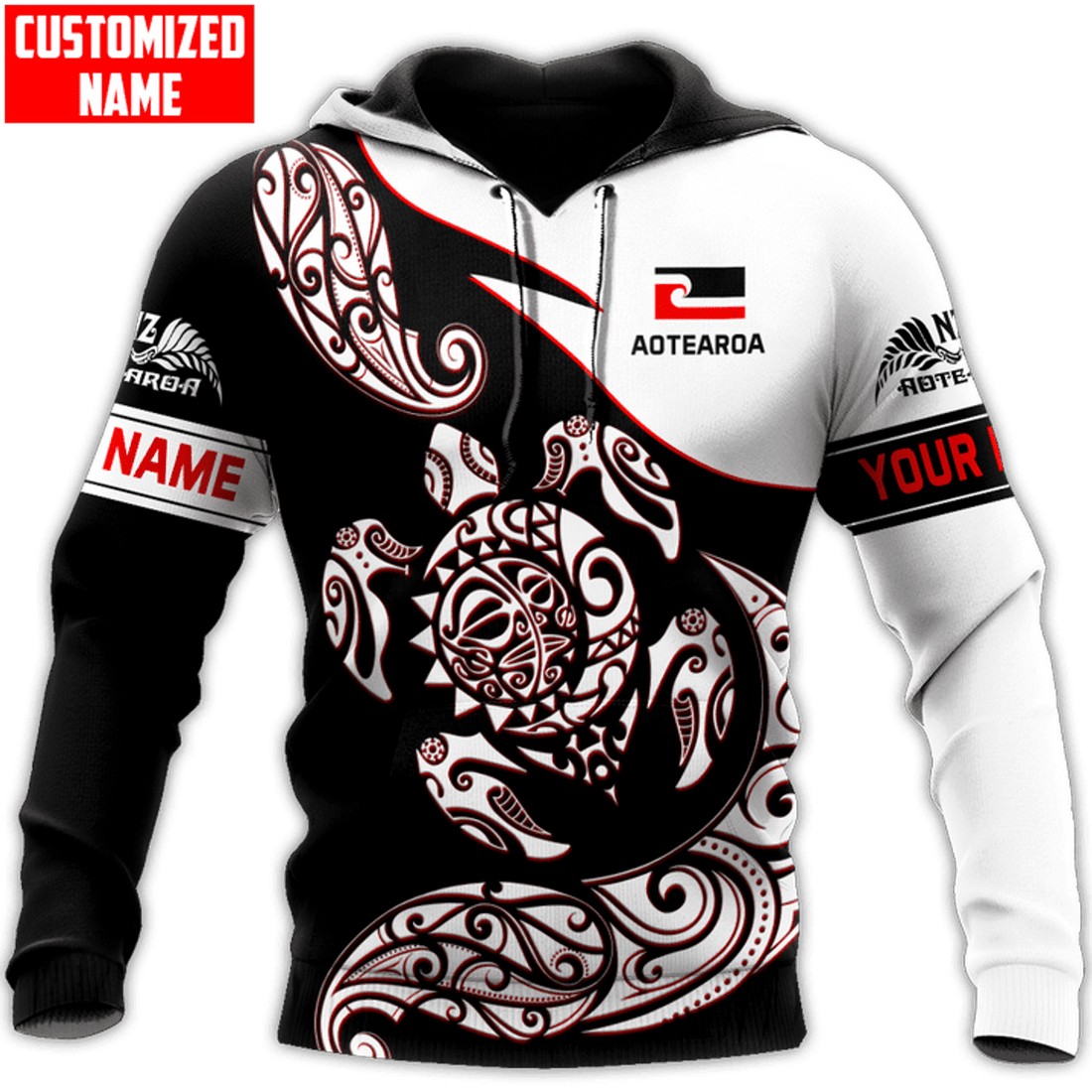 FUNSTUFFPRINT Personalized New Zealand Aotearoa Turtle Fern Tattoo Unisex 3D Hoodie and Zip Hoodie