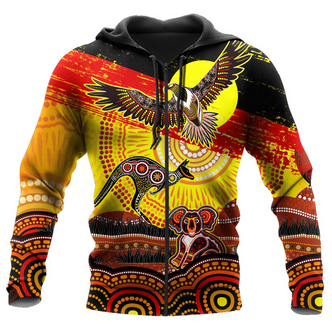 FUNSTUFFPRINT Aboriginal Naidoc Week Indigenous Flag Distressed Sun Eagle Kangaroo Koala Unisex 3D Hoodie and Zip Hoodie