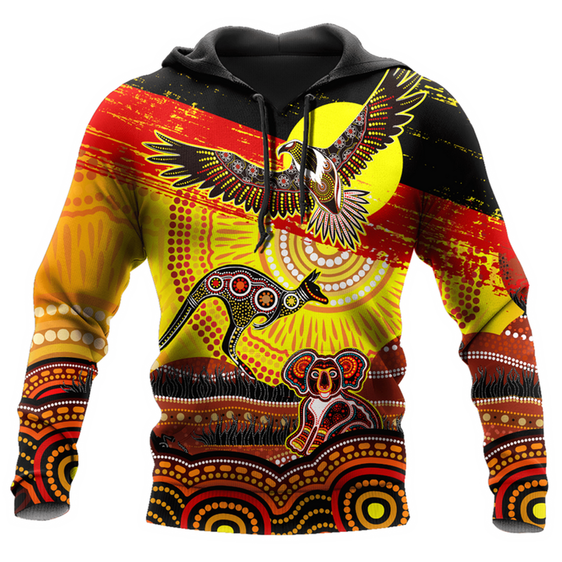 FUNSTUFFPRINT Aboriginal Naidoc Week Indigenous Flag Distressed Sun Eagle Kangaroo Koala Unisex 3D Hoodie and Zip Hoodie