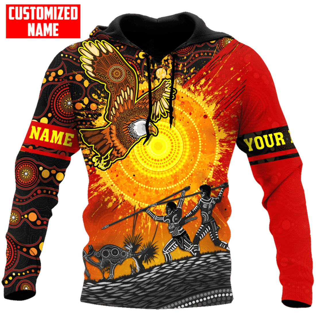 FUNSTUFFPRINT Personalized Aboriginal Sun Eagle Hunting Indigenous Unisex 3D Hoodie and Zip Hoodie