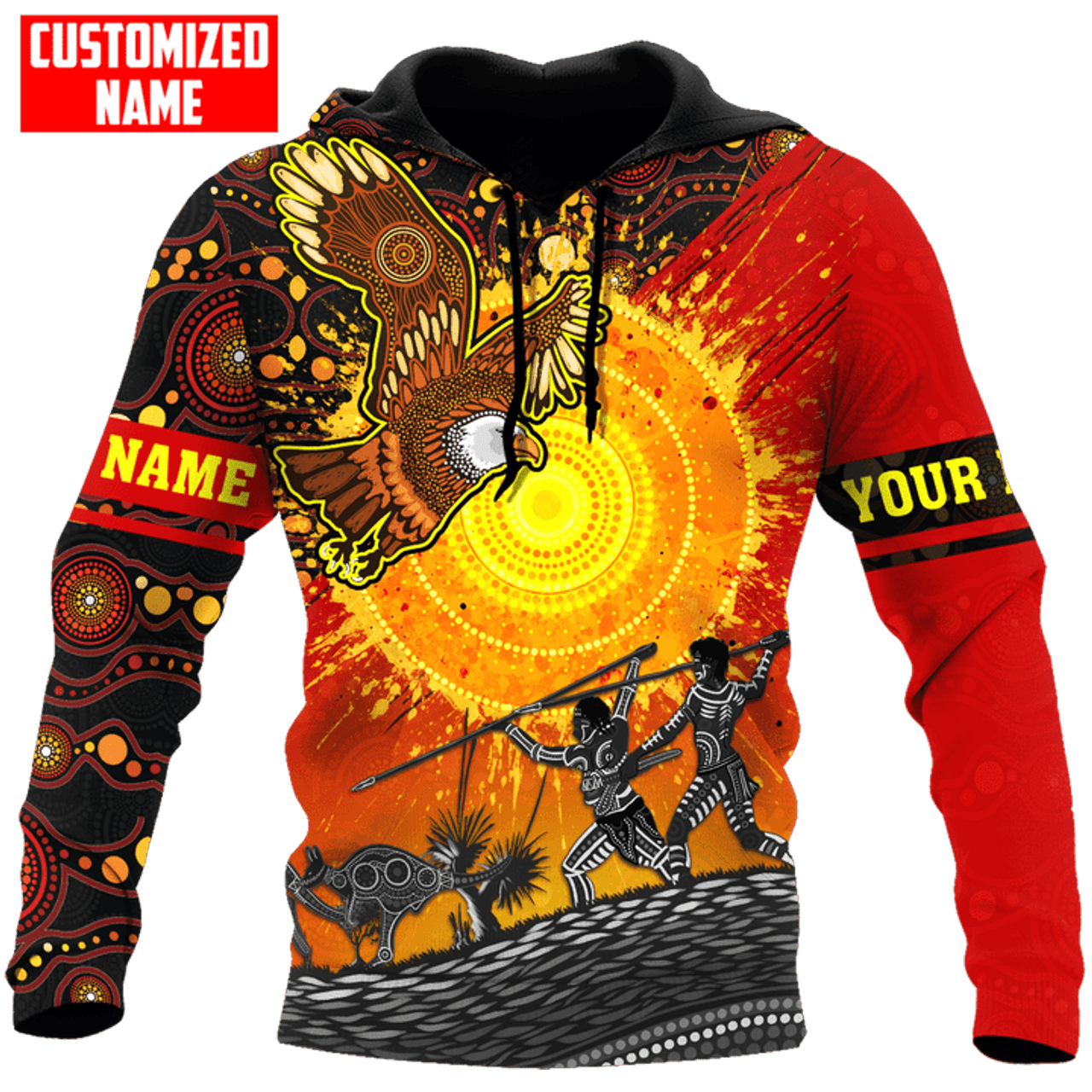 FUNSTUFFPRINT Personalized Aboriginal Sun Eagle Hunting Indigenous Unisex 3D Hoodie and Zip Hoodie