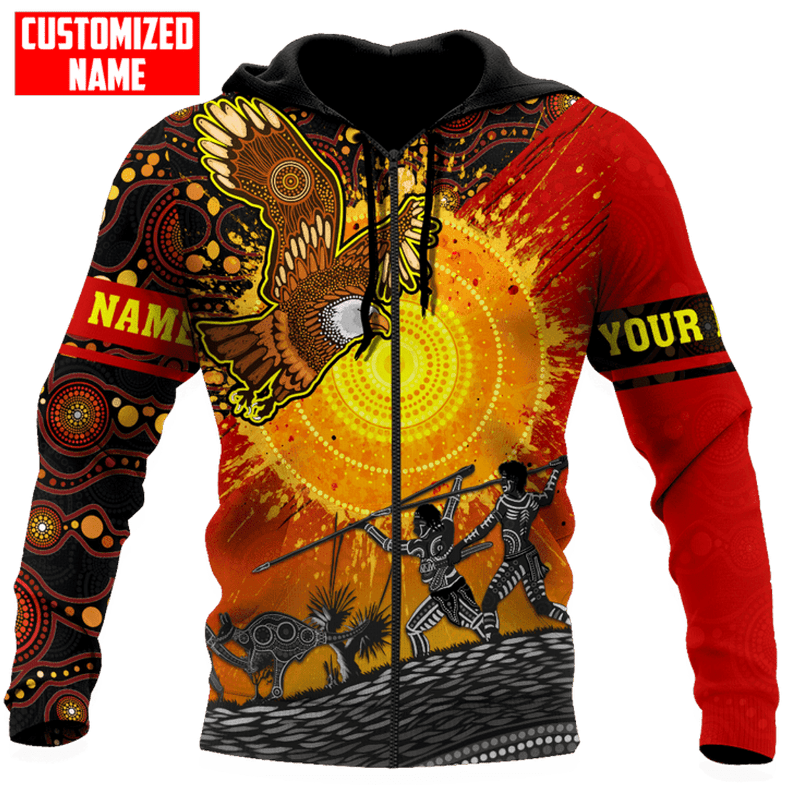 FUNSTUFFPRINT Personalized Aboriginal Sun Eagle Hunting Indigenous Unisex 3D Hoodie and Zip Hoodie