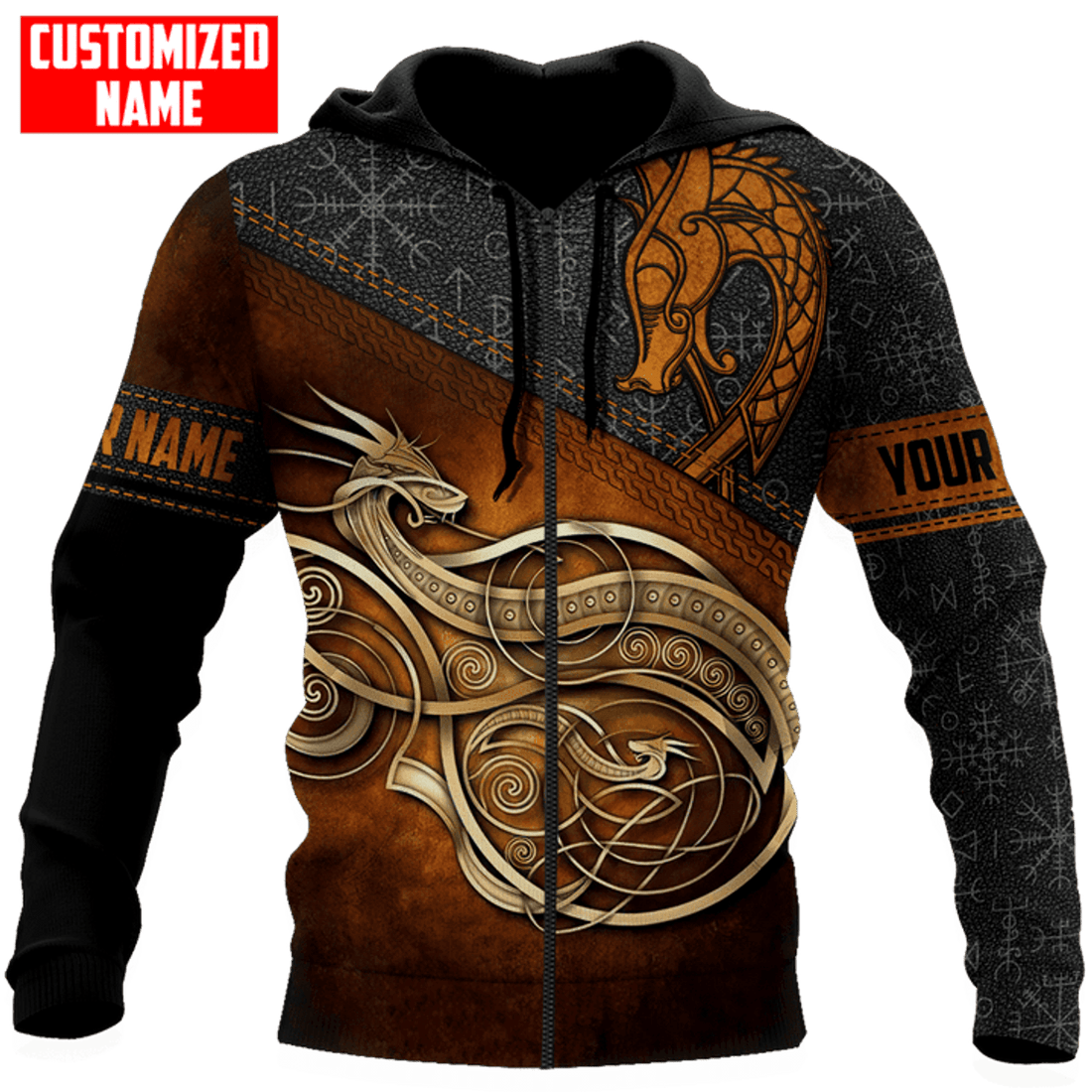 FUNSTUFFPRINT Personalized Viking Dragon Brown Unisex 3D Hoodie and Zip Hoodie
