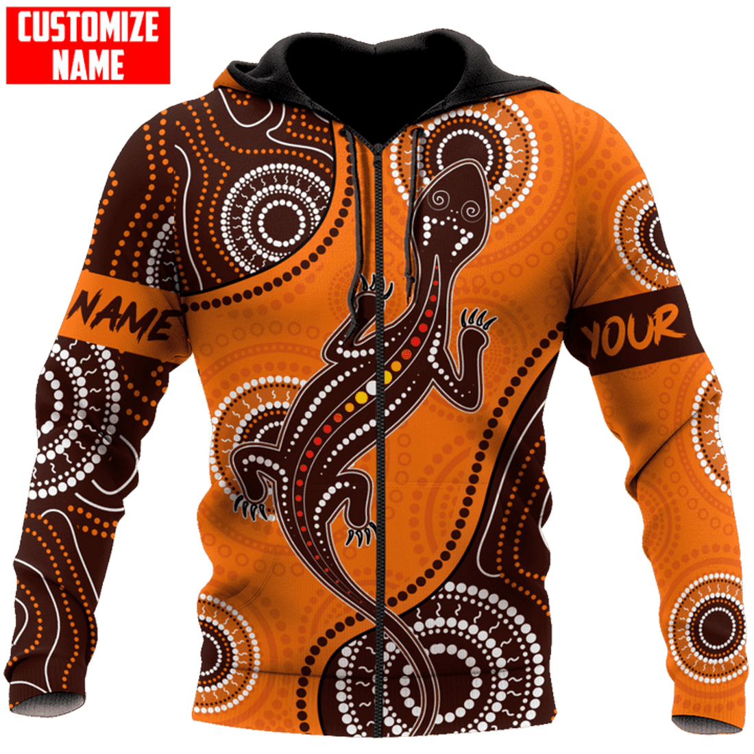 FUNSTUFFPRINT Personalized Aboriginal Lizard Brown Orange Dot Pattern Unisex 3D Hoodie and Zip Hoodie