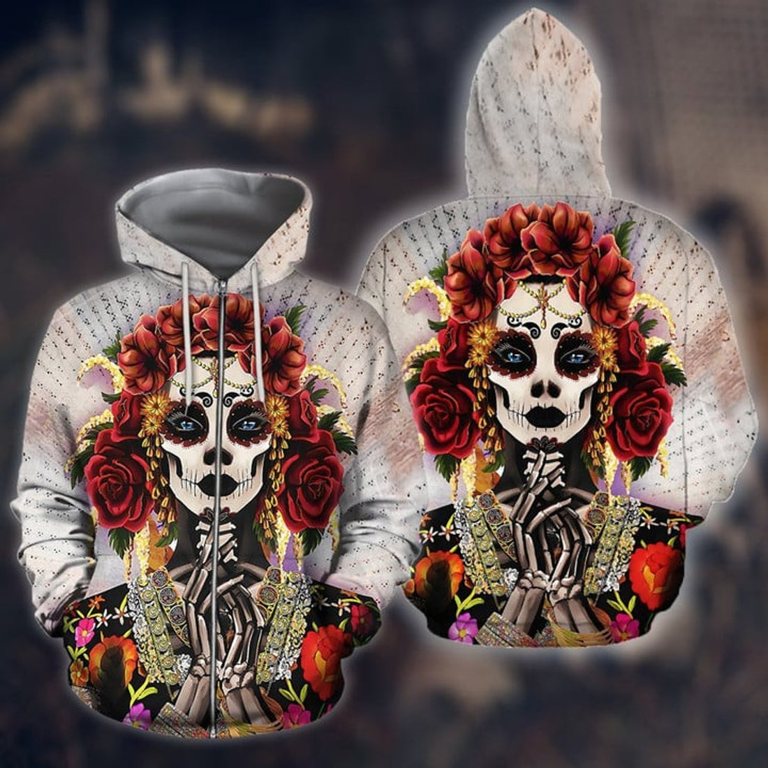FUNSTUFFPRINT All Over Printed Day Of The Dead Catrina 3D Hoodie and Zip Hoodie