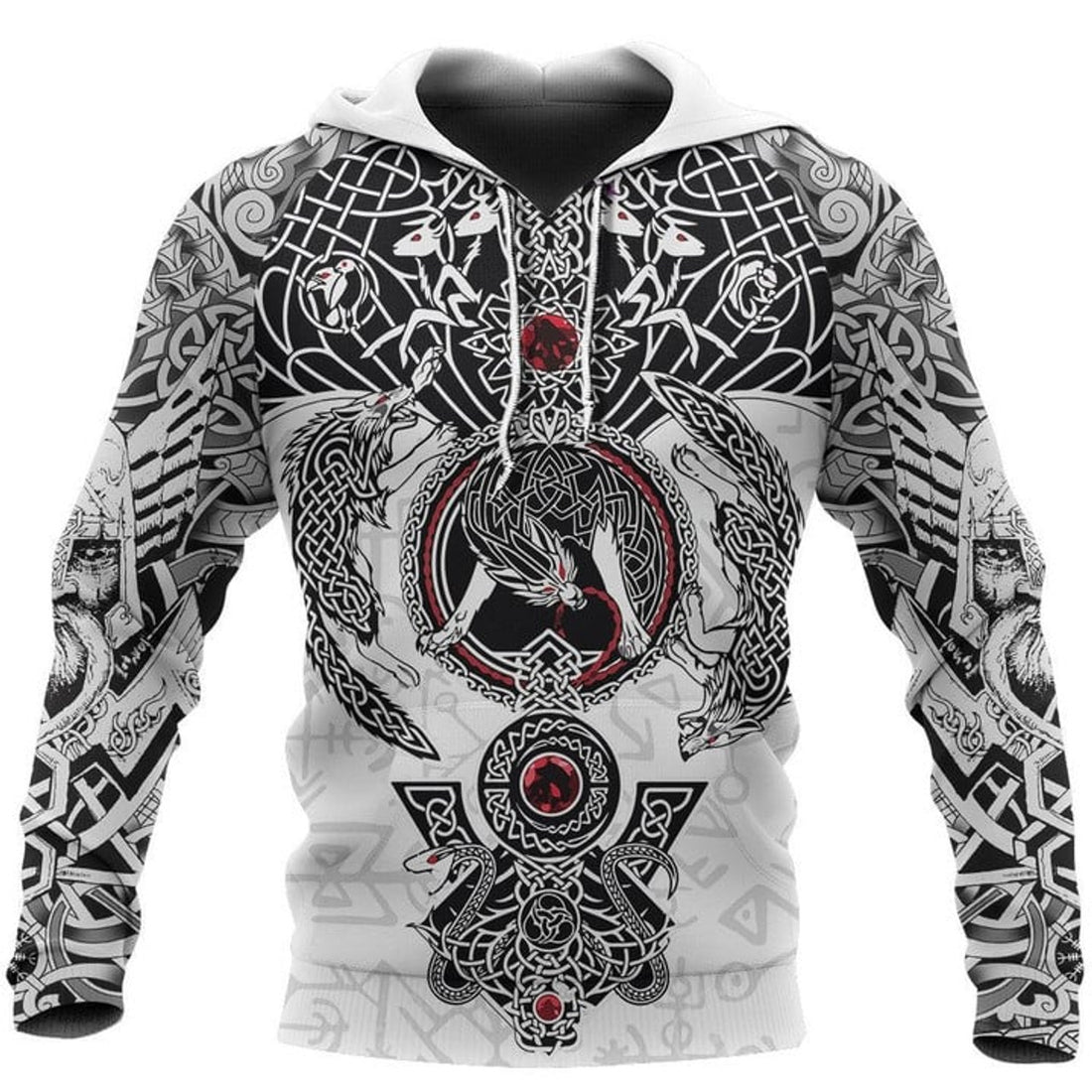 FUNSTUFFPRINT -Vikings Fenrir Skoll And Hati Valknut White 3D Hoodie and Zip Hoodie
