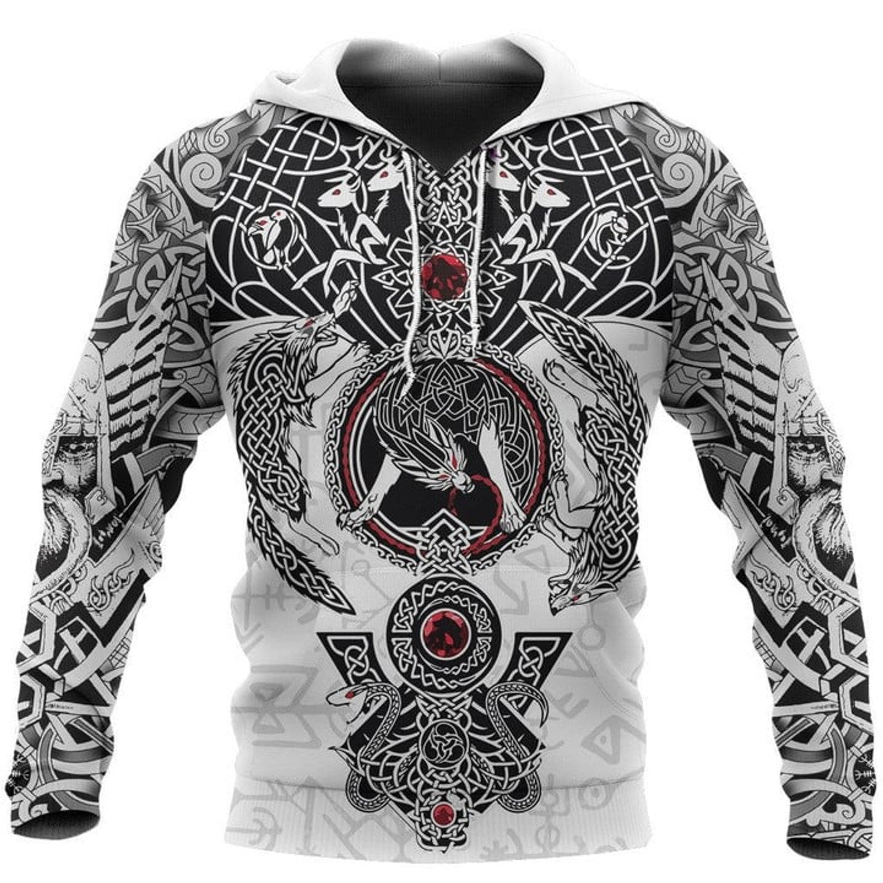 FUNSTUFFPRINT -Vikings Fenrir Skoll And Hati Valknut White 3D Hoodie and Zip Hoodie