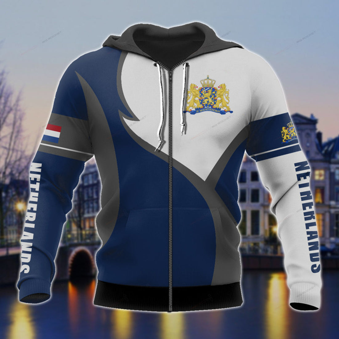 FUNSTUFFPRINT Netherlands Coat Of Arms Blue And White 3D Hoodie and Zip Hoodie
