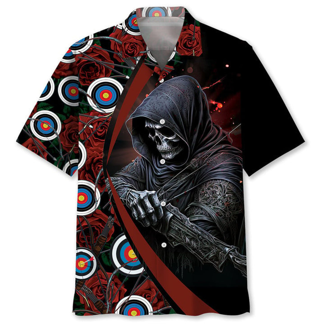Archery Skull Rose Hawaiian Shirt, Archery team Hawaiian shirt for men, Gift for Archery player