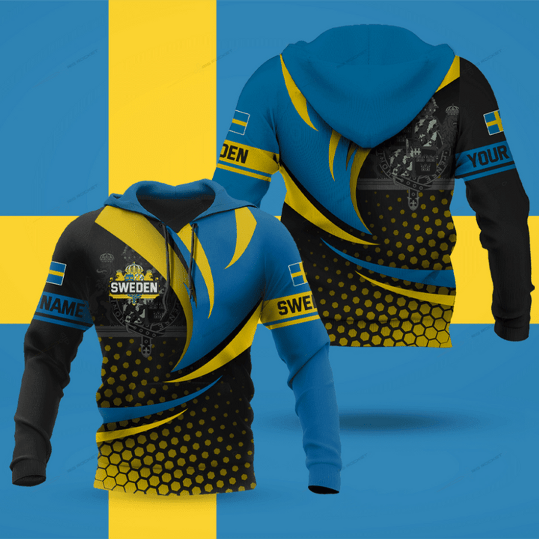 FUNSTUFFPRINT Customize Pattern Wave And Coat Of Arms Sweden Unisex Adult 3D Hoodie and Zip Hoodie