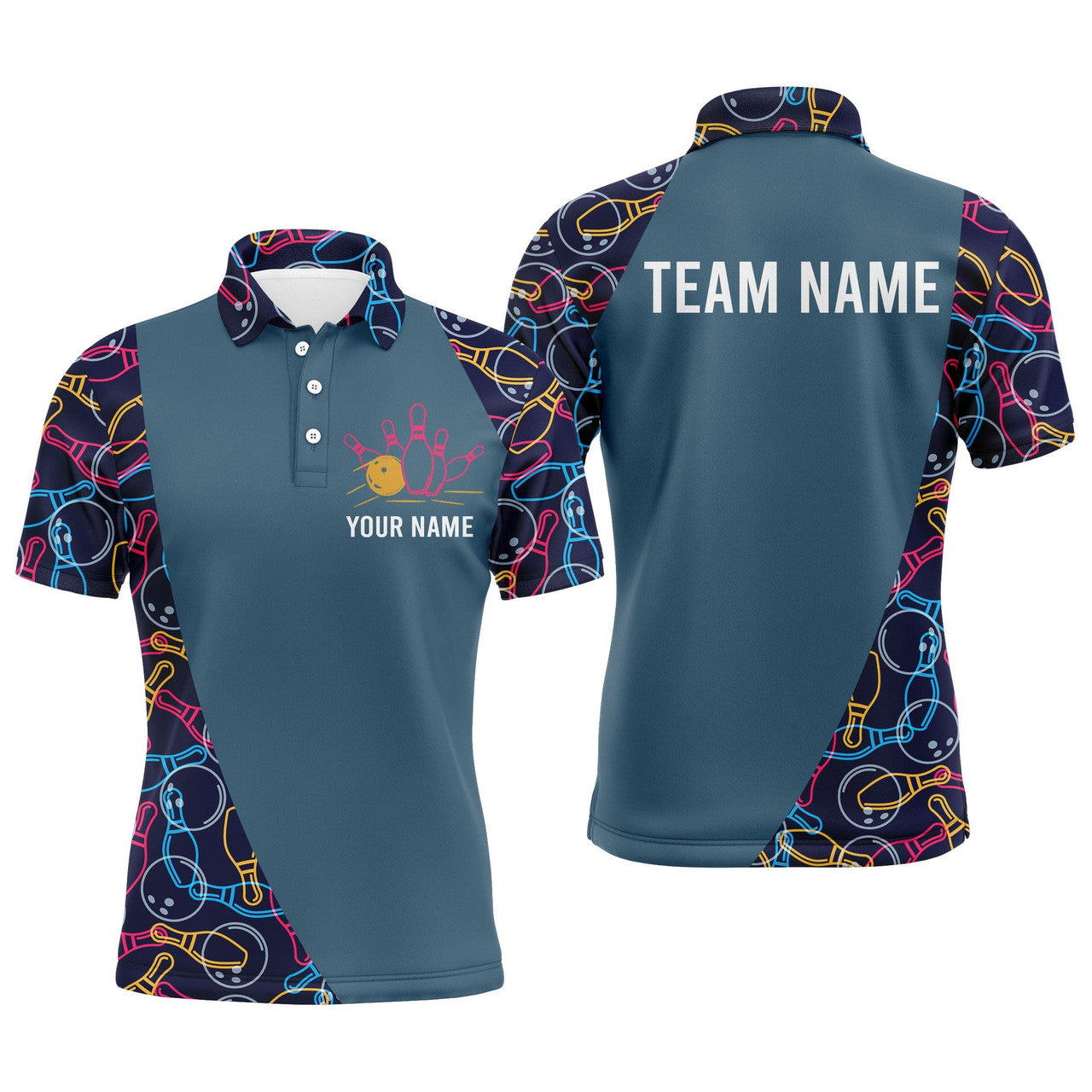 Personalized Men Bowling Polo Shirt, Bowling Balls Pins Pattern Bowlers Team Jersey
