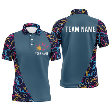Personalized Men Bowling Polo Shirt, Bowling Balls Pins Pattern Bowlers Team Jersey