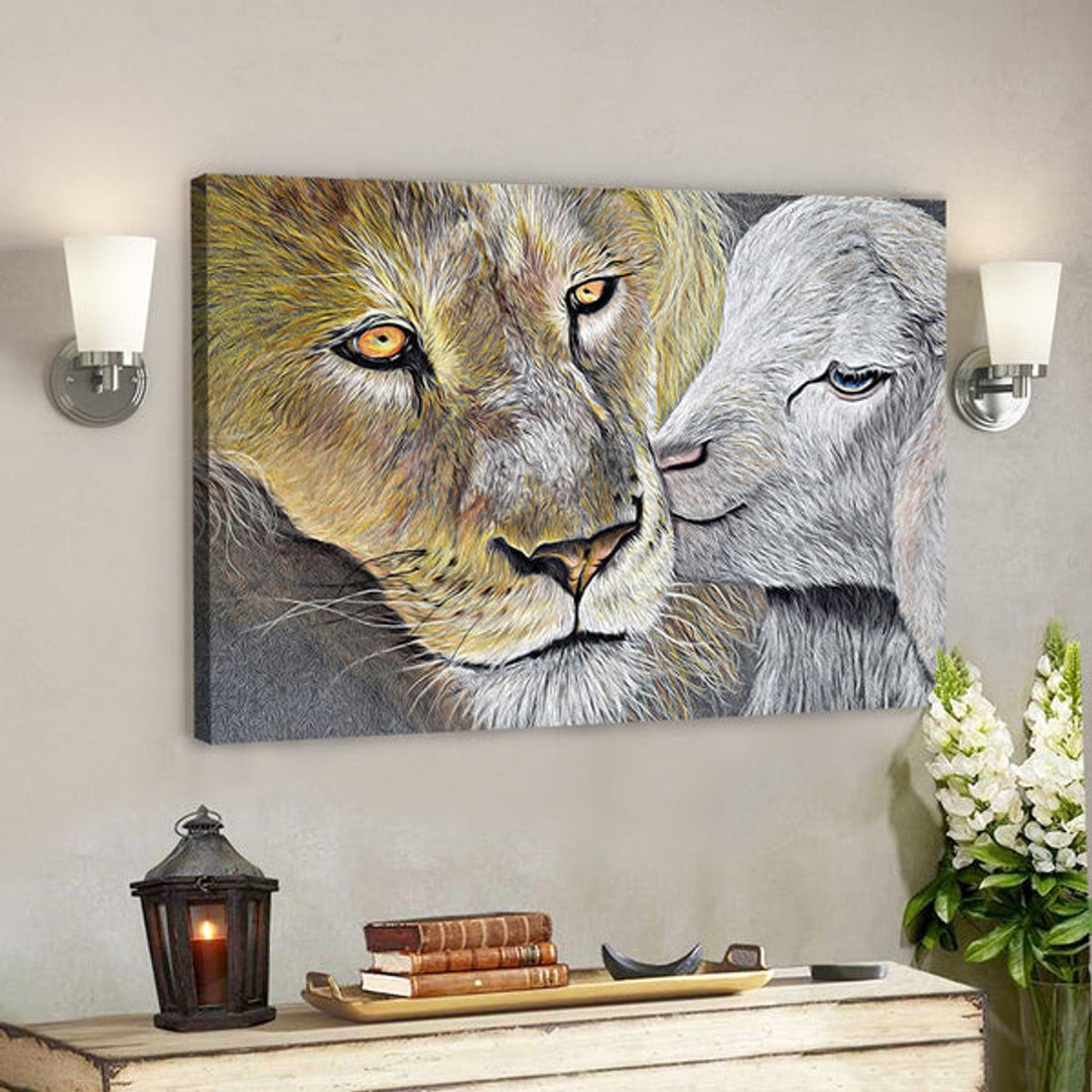 Lamb And Lion - Christian Canvas Wall Art - Christian Artwork - Religious Wall Decor - Faith Canvas Wall Art - Scripture Wall Art 