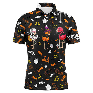 Custom Golf Men Polo Shirts, Custom Name Orange Black Halloween Background Flamingo Apparel - Personalized Gift For Men, Husband, Boyfriend, Golf Lovers