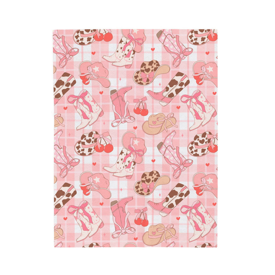 FUNSTUFFPRINT Plush Blanket - Girls Western Theme with Pink Plaid and Cherries