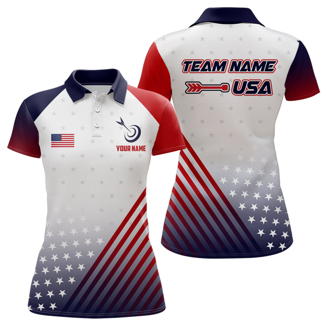 Personalized Patriotic US Flag Archery Women Polo Shirts Custom Team Archery