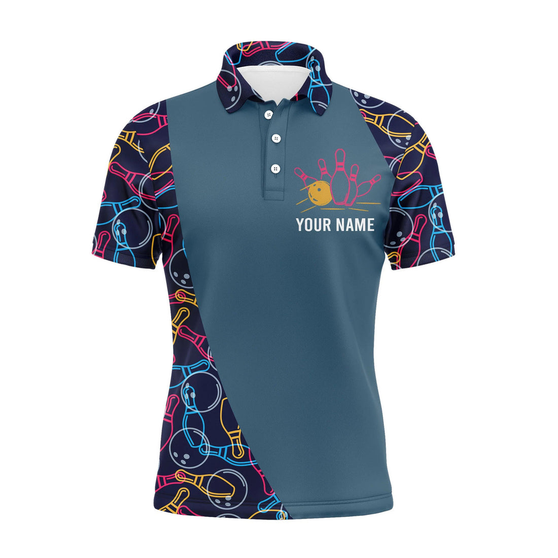 Personalized Men Bowling Polo Shirt, Bowling Balls Pins Pattern Bowlers Team Jersey
