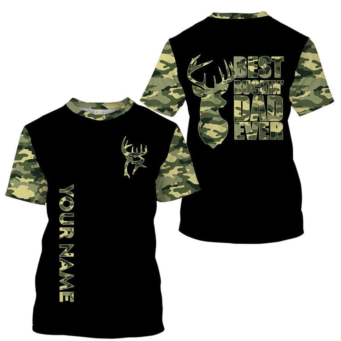 FUNSTUFFPRINT Best Buckin' Dad Ever Camo Hunting Custom Name 3D Full Printing Hunting Shirts, Hunting Apparel, Gift For Hunter Dad 3D T-shirt