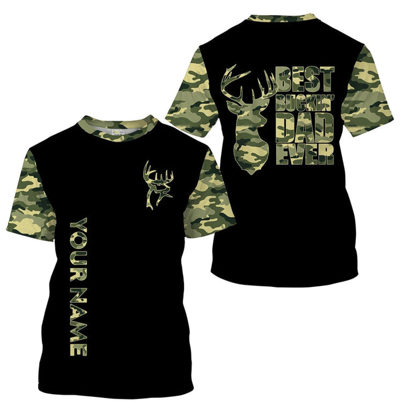 FUNSTUFFPRINT Best Buckin' Dad Ever Camo Hunting Custom Name 3D Full Printing Hunting Shirts, Hunting Apparel, Gift For Hunter Dad 3D T-shirt