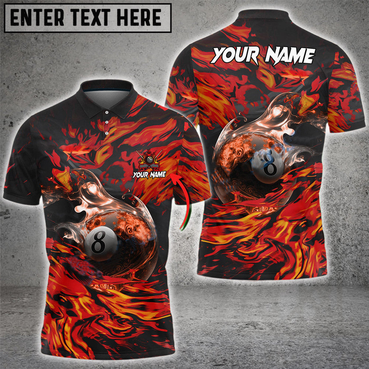 Custom Billiards Ball 8 Flame Ocean, Personalized Name, Team Name Unisex Polo Shirt