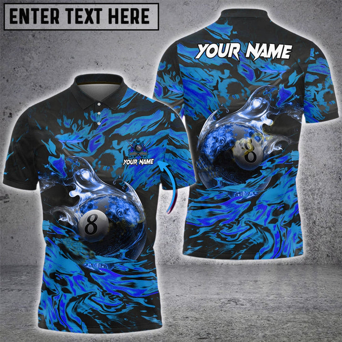 Custom Billiards Ball 8 Flame Ocean, Personalized Name, Team Name Unisex Polo Shirt