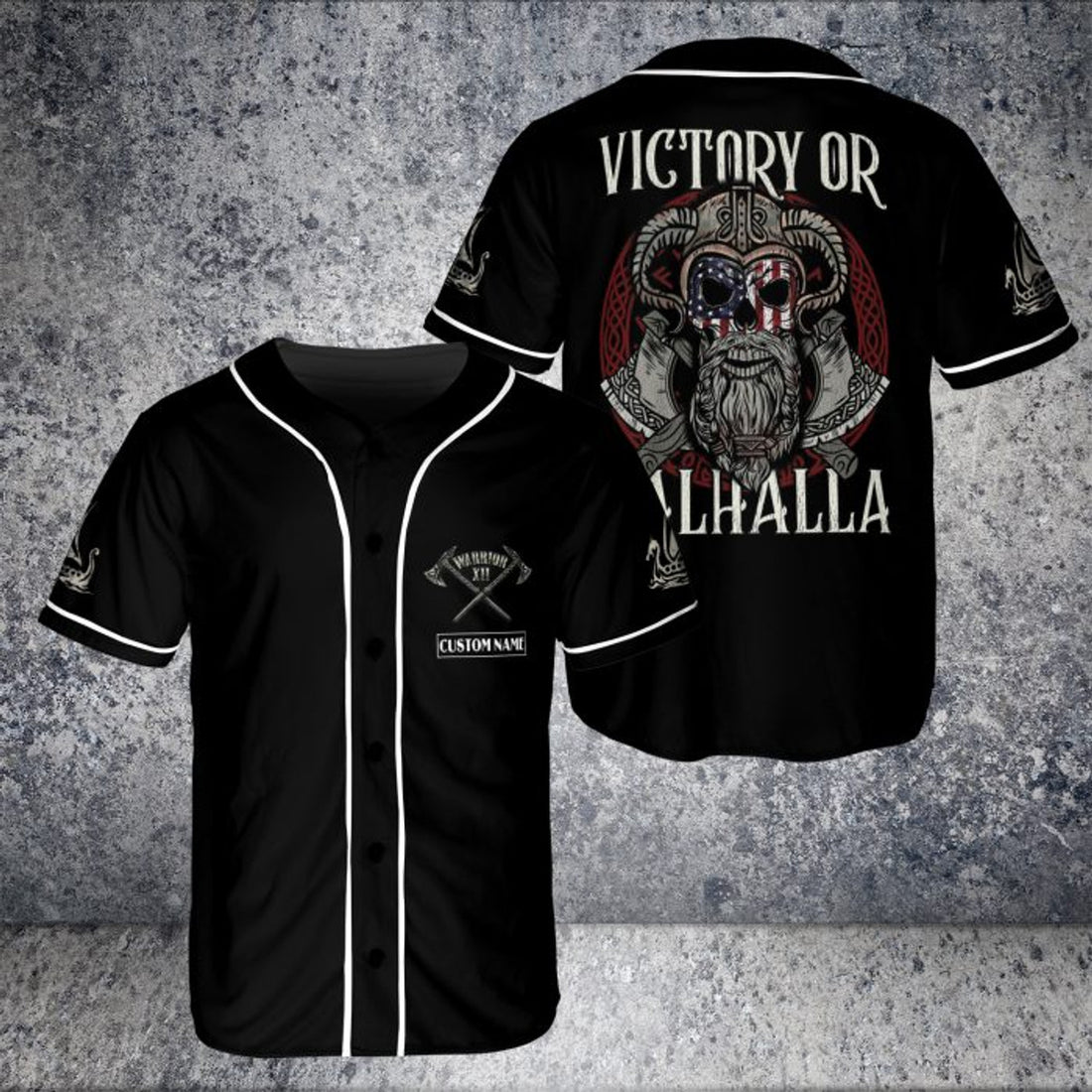 Custom Name Skull AMERICAN Viking Victory Or Valhalla USA Flag BaseBall jersey