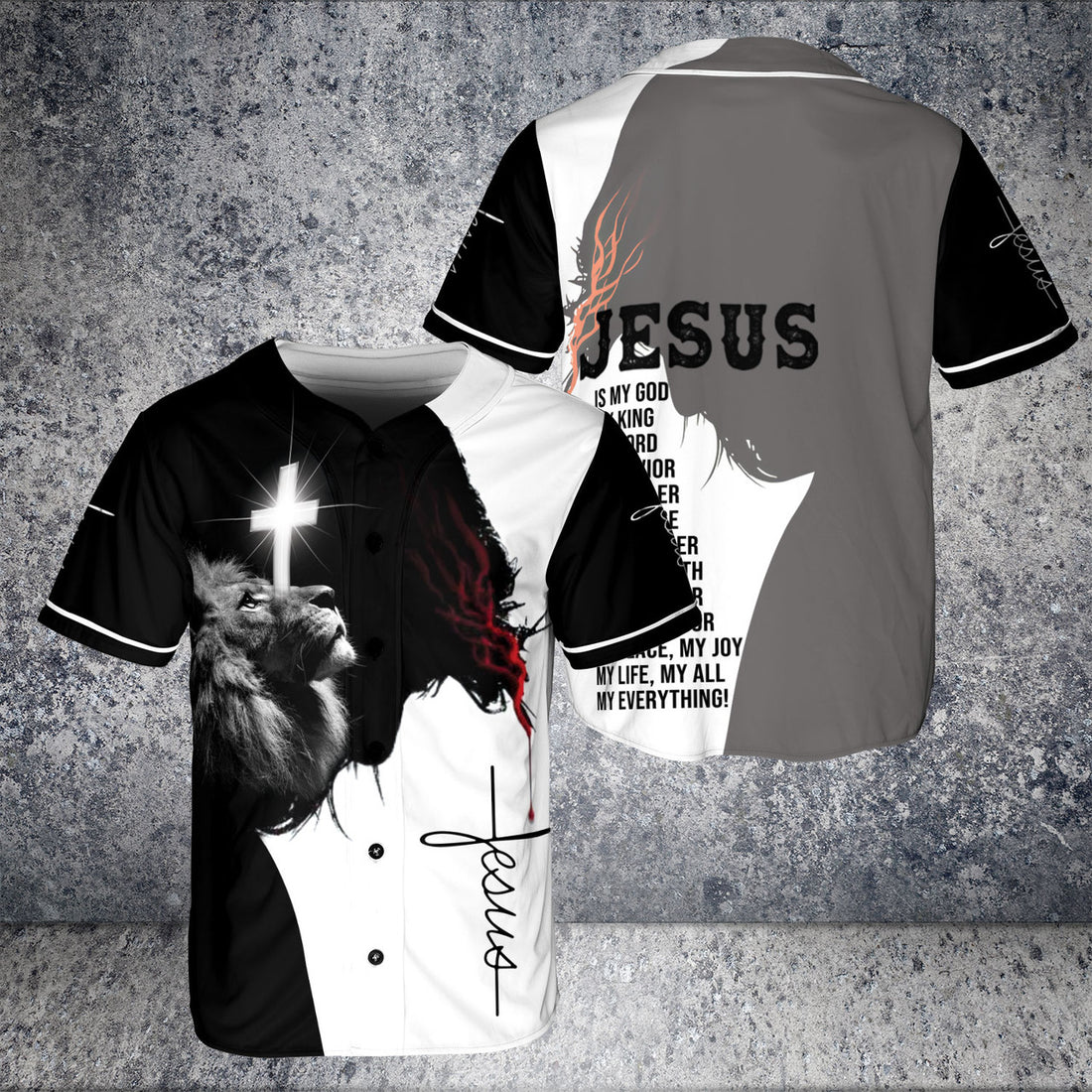 Jesus Is My God My Savior Lion Cross Christaian Jesus Face Baseball Jersey Black/White