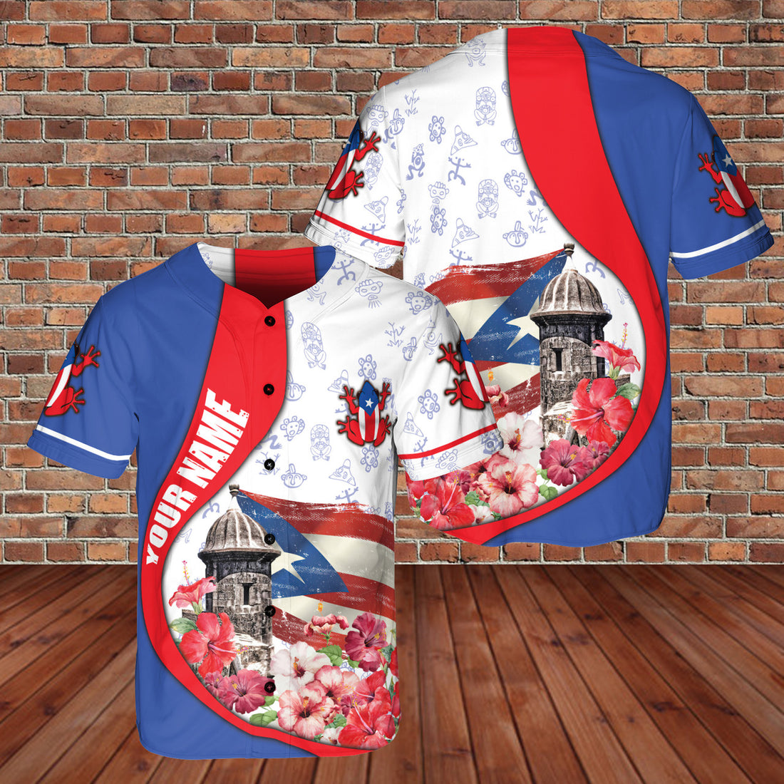 Custom Name Puerto Rico Flag Flog and Floral Tiki Hawaii Lover 3D BaseBall Jersey