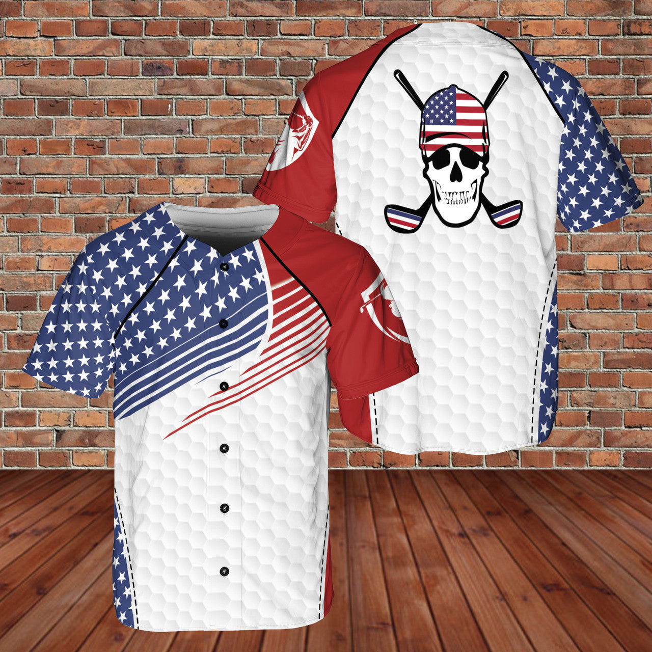 Golfer Skull Playing Golf United States US Flag 3D BaseBall Jersey White/Red Color