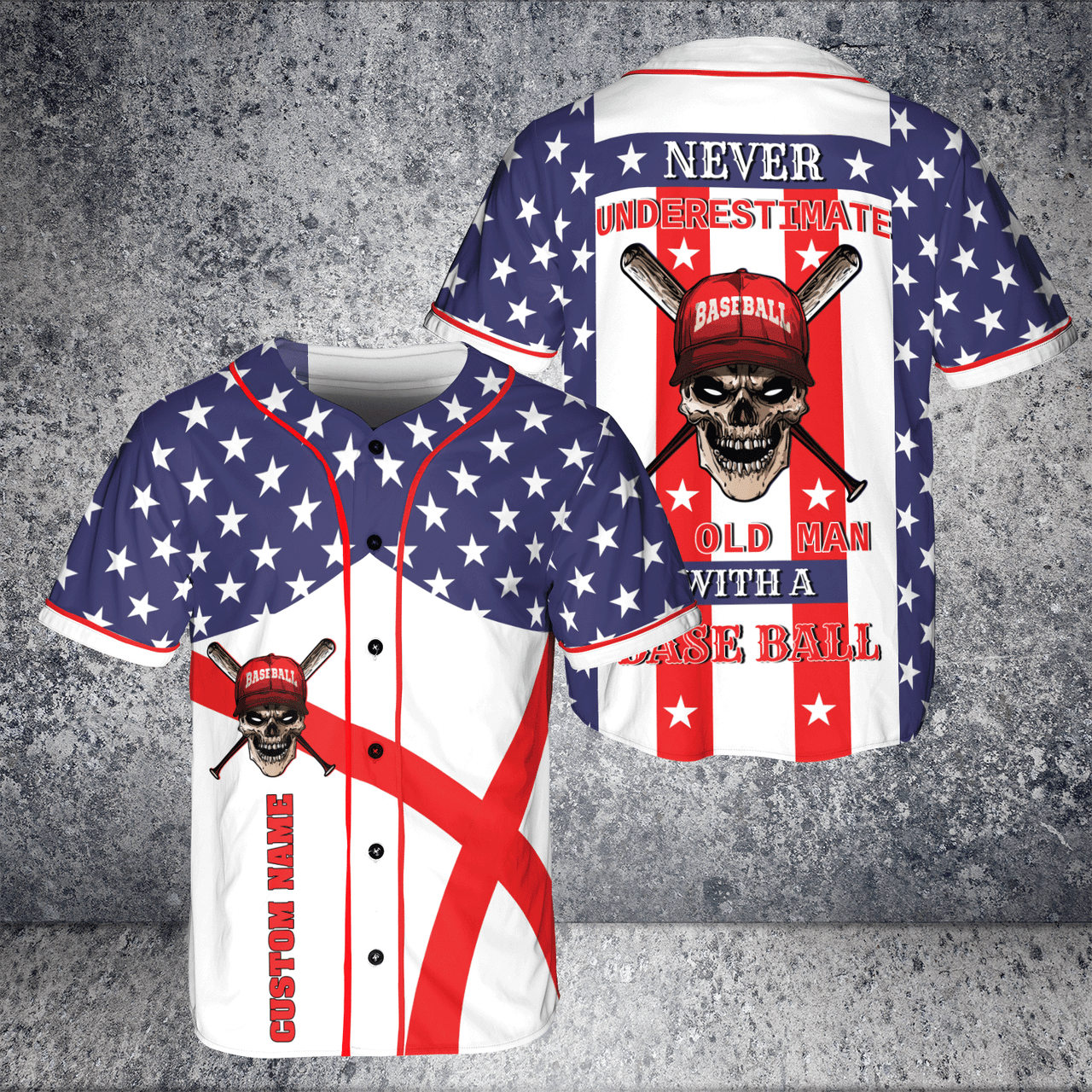 Old Man With Playing Baseball â€“ Never Underestimate US Flag Custom Name BaseBall Jersey