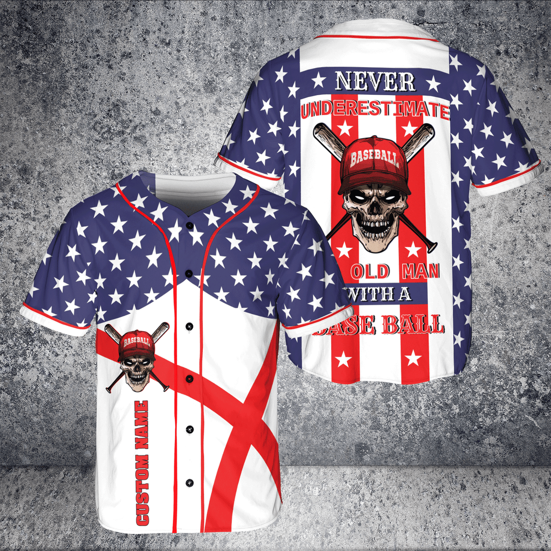 Old Man With Playing Baseball â€“ Never Underestimate US Flag Custom Name BaseBall Jersey