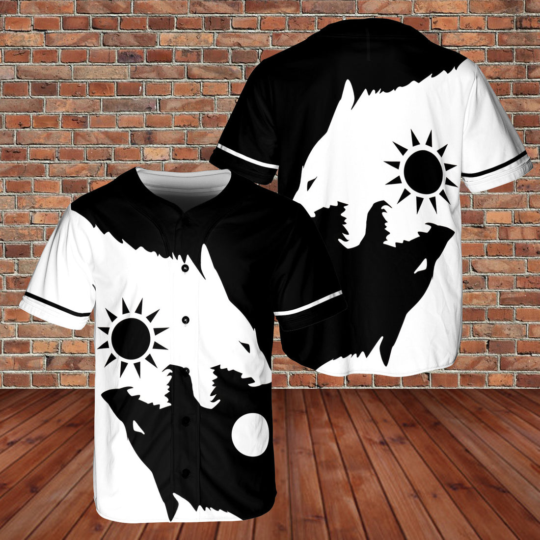 Sun Fenrir Wolf Of Odin Viking 3D AOP Baseball Jersey Black White