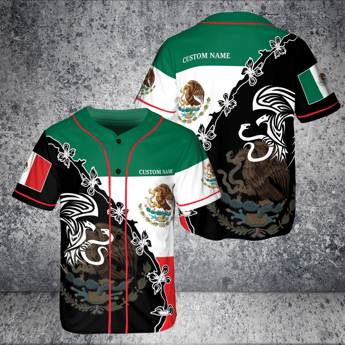Custom Name Mexico National Emblem Eagle Holding Snake Flag AOP Baseball Jersey
