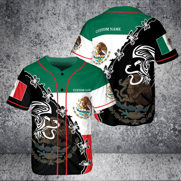 Custom Name Mexico National Emblem Eagle Holding Snake Flag AOP Baseball Jersey