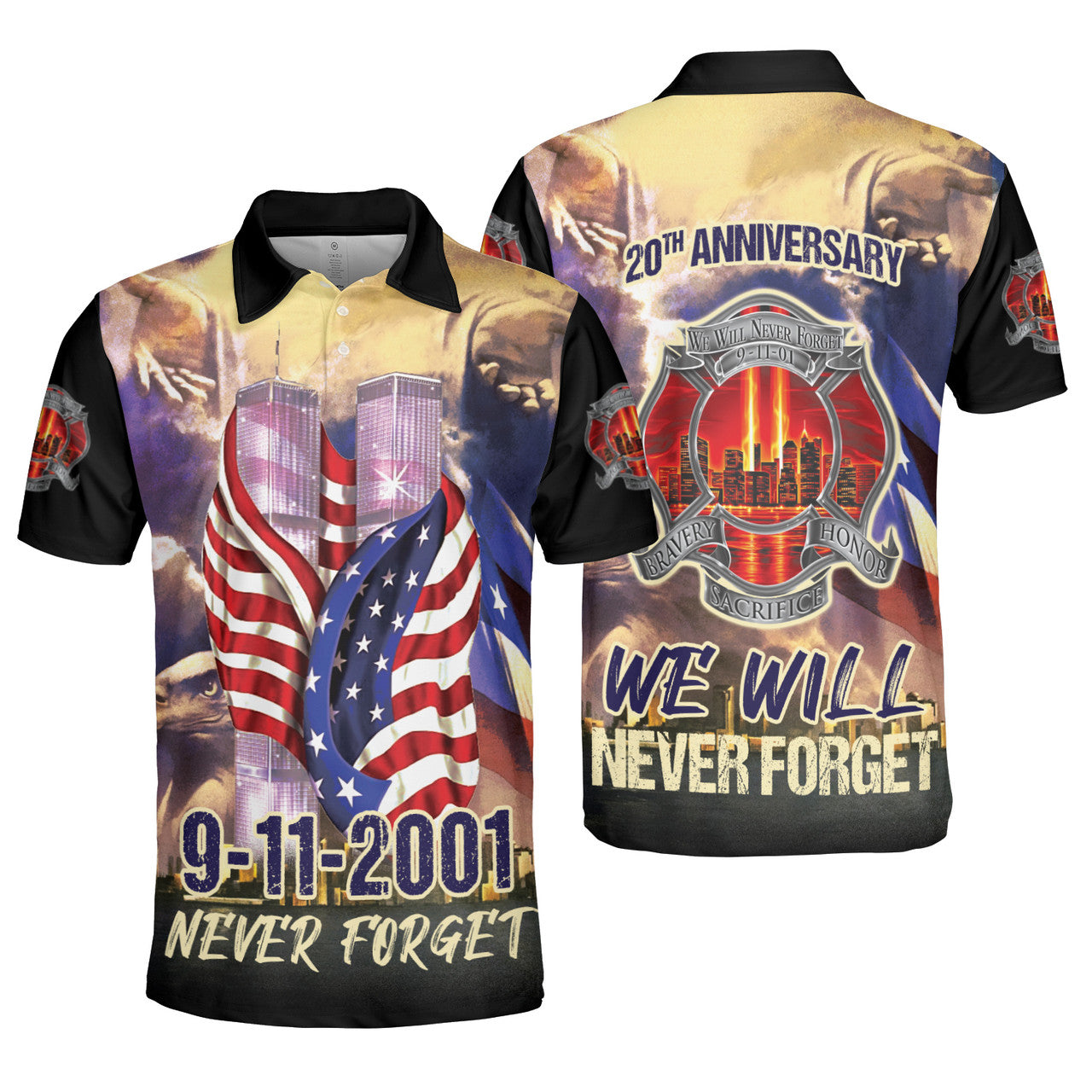 Firefighter 20th Anniversary Never Forget AOP Polo Shirt Dad Father Gilf