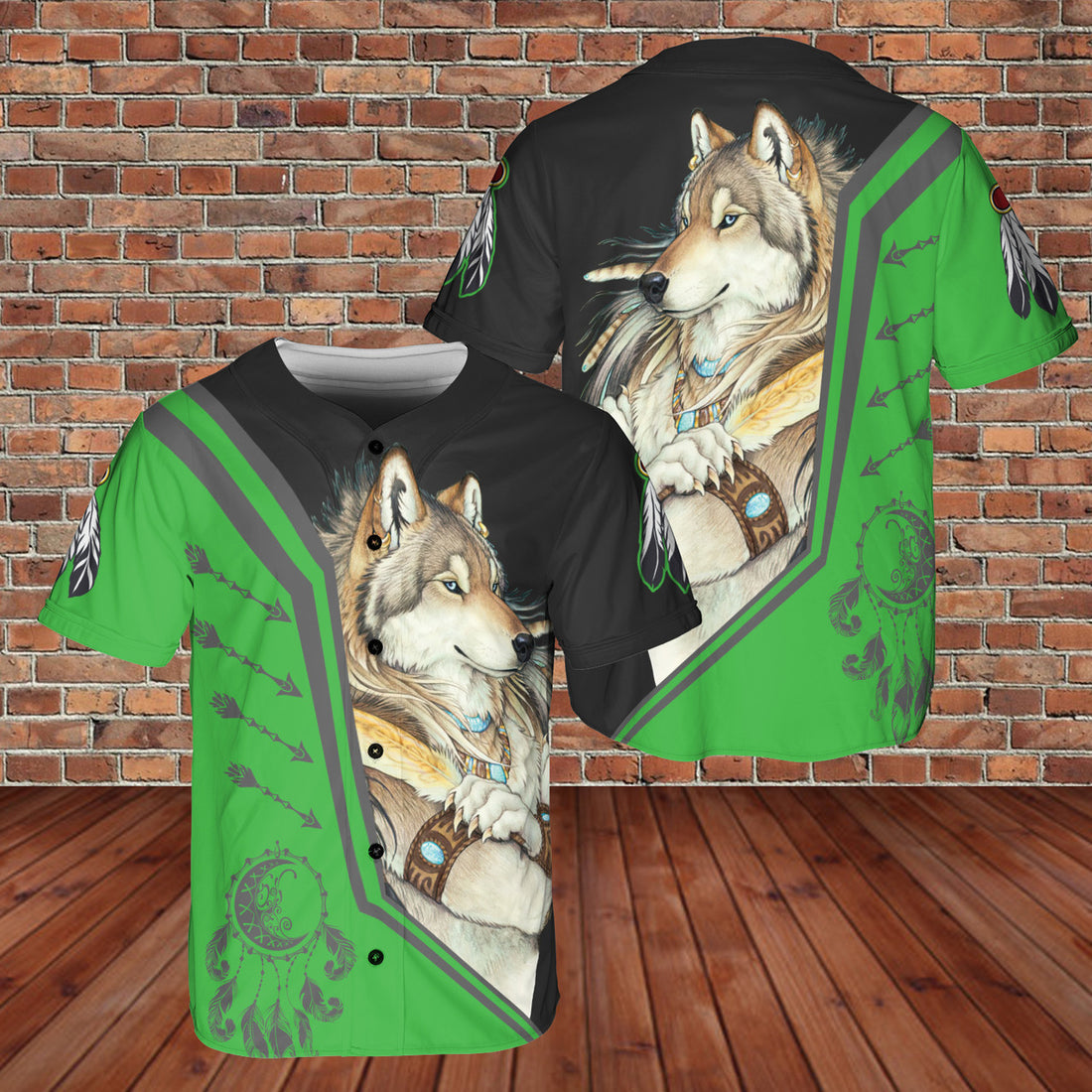 Native Wolf DreamCatcher AOP Baseball Jersey Green Black Style