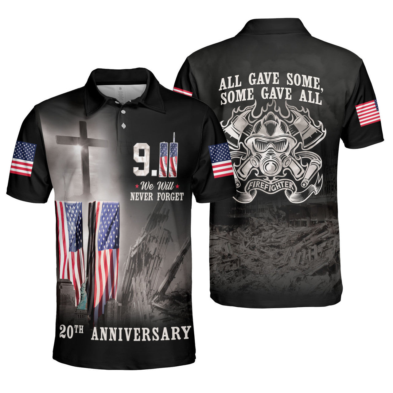 Firefighter 20th Anniversary Never Forget US Flag Chriss God AOP Polo Shirt