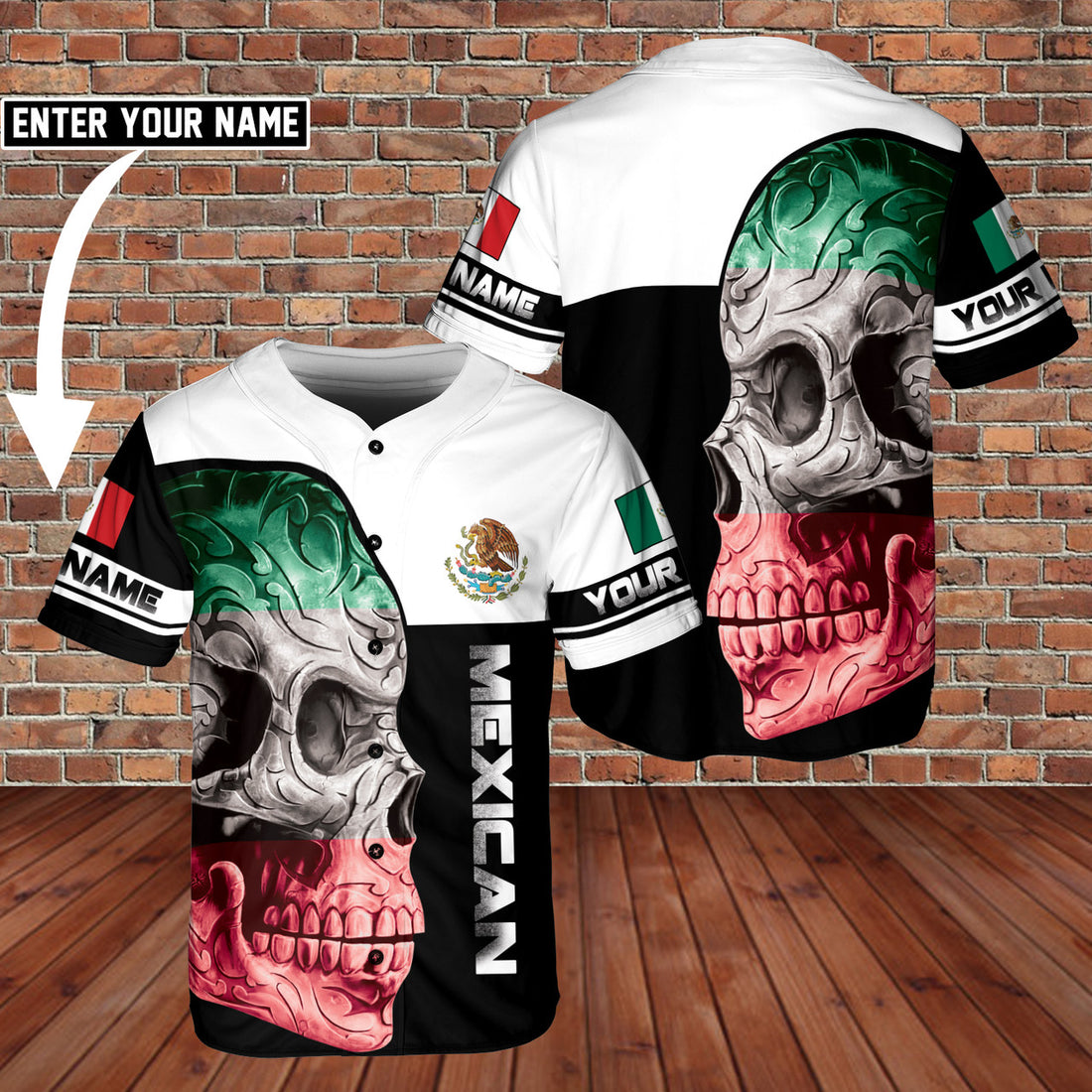 Custom Name Love Mexico Skull And Eagle Logo AOP Baseball Jersey
