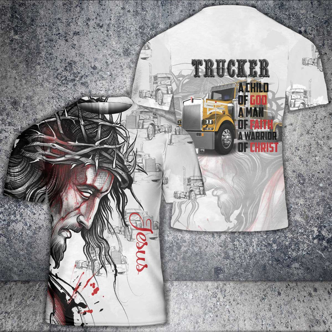 Custom Name Trucker A Child Of God A Man Of Faith Warrior AOP 3D T-Shirt
