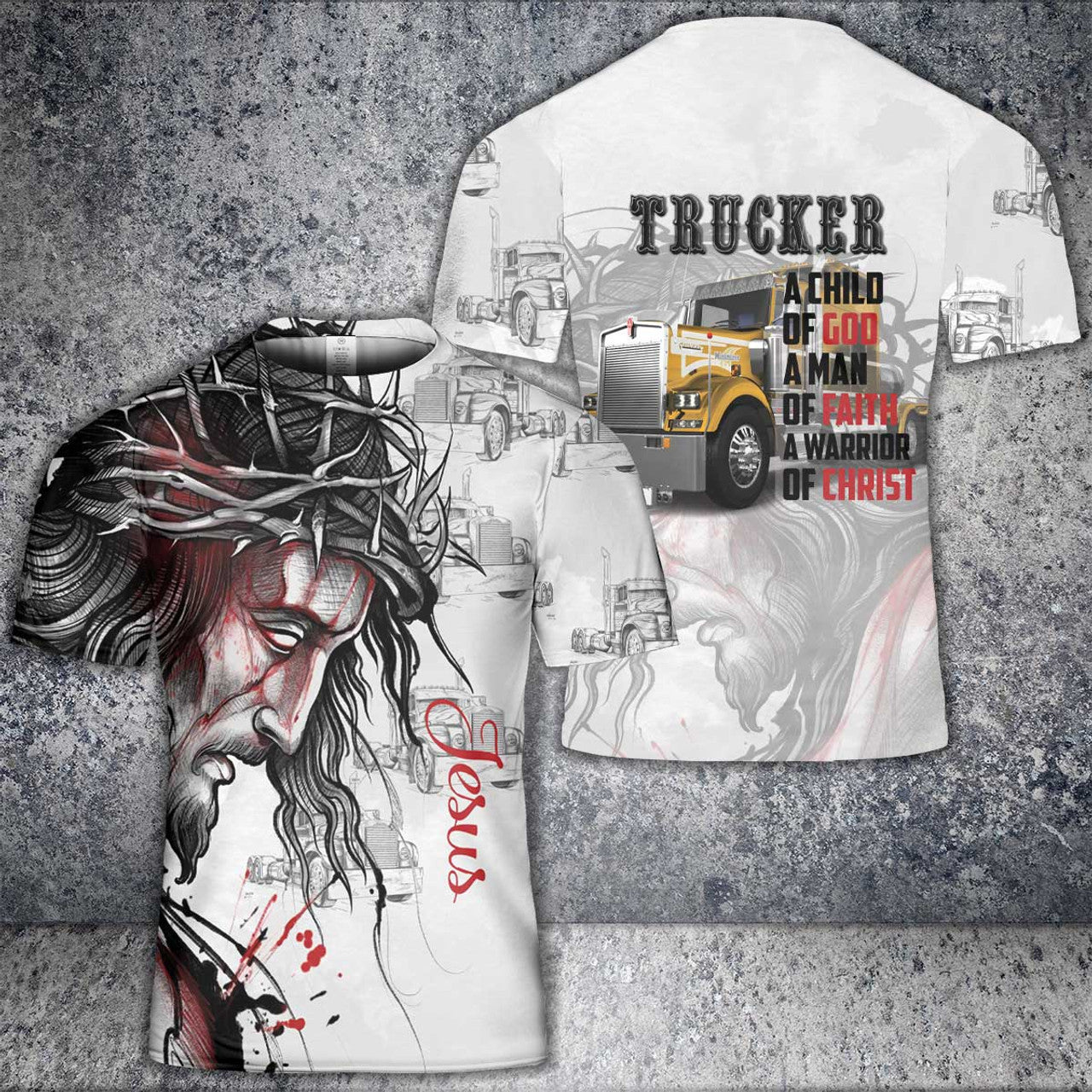 Custom Name Trucker A Child Of God A Man Of Faith Warrior AOP 3D T-Shirt