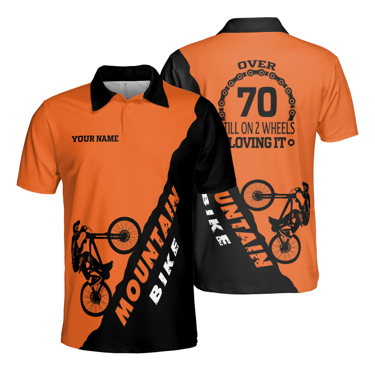 Custom Name Mountain Bike Over 70 Till On Wheel Love It AOP Polo Shirt