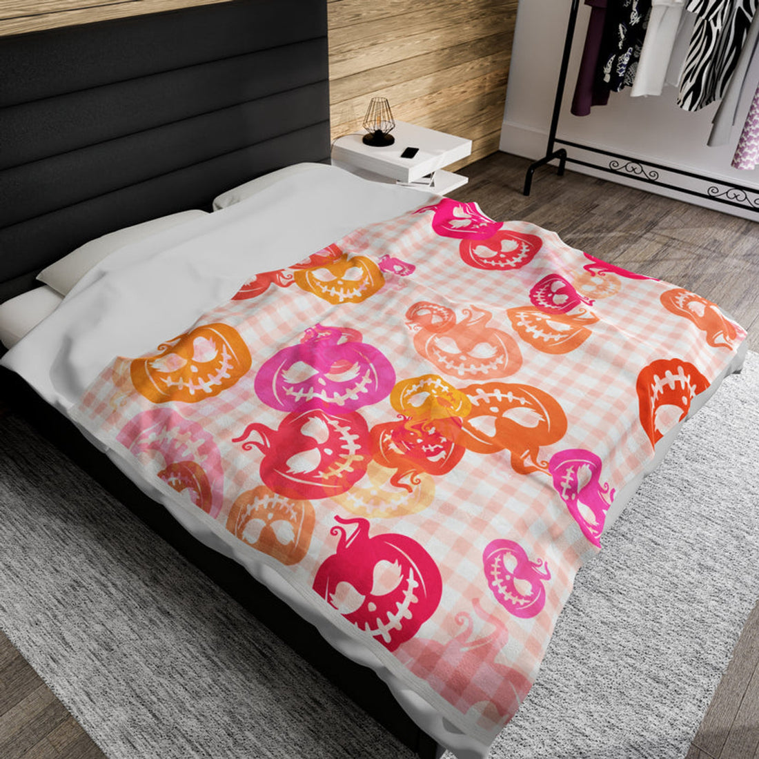 FUNSTUFFPRINT Plaid Neon Pumpkins Velveteen Plush Blanket