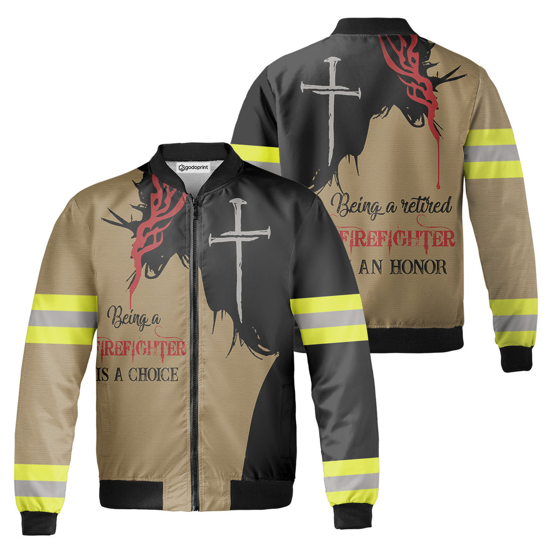 Retired Firefighter Fleece Bomber Jacket AOP Zip-up, Jesus Bomber Jacket, Christian Shirt, Proud Fireman Shirt, Retirement Gift for Firemen, Gift for Christians