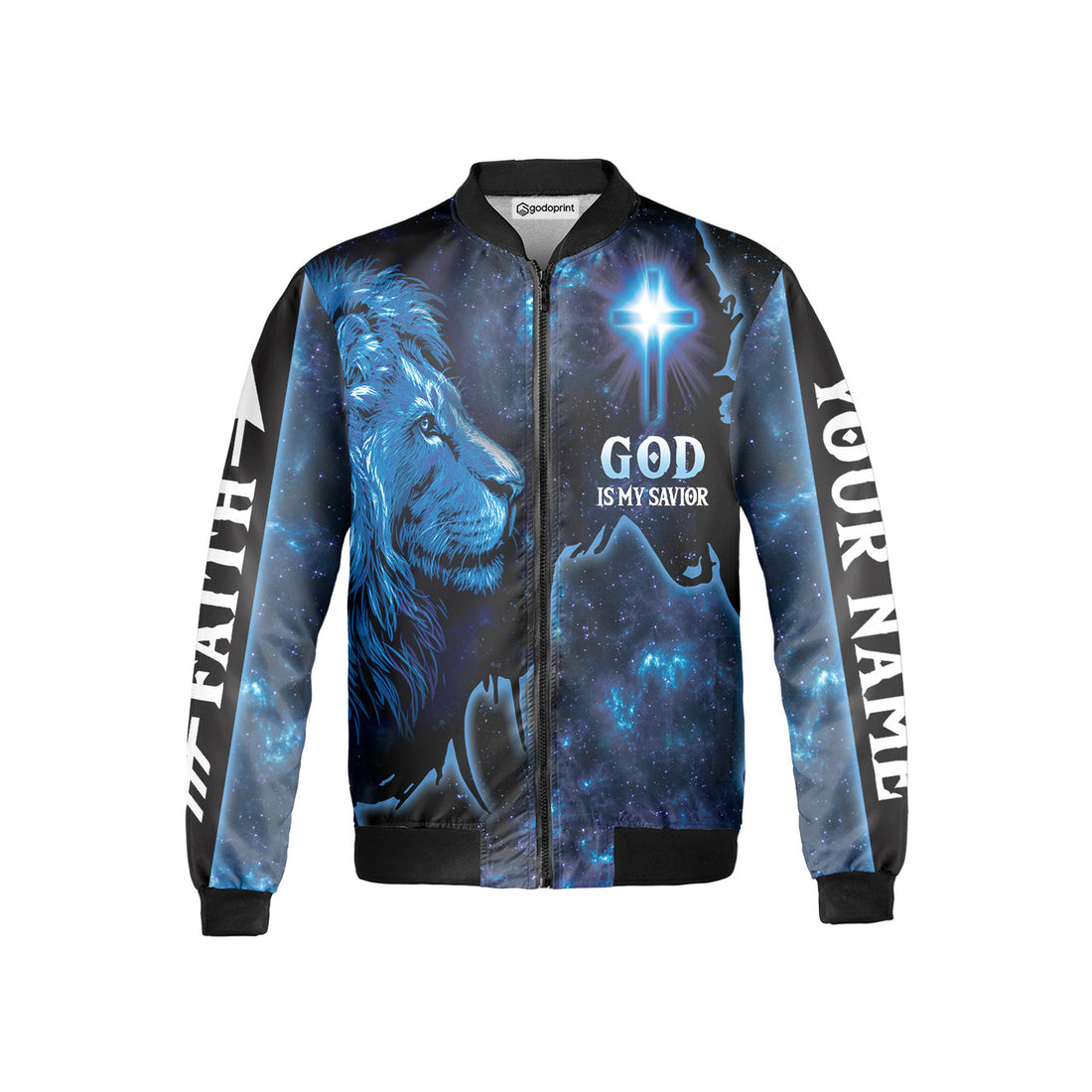Custom Name Faith God Is My Savior Way Maker Lion Fleece Bomber Jacket AOP Zip-up, Religious Gift for Christians