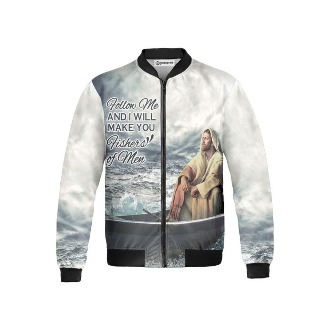 Follow Me And I Will Make You Fishers of Men Jesus Fleece Bomber Jacket AOP Zip-up