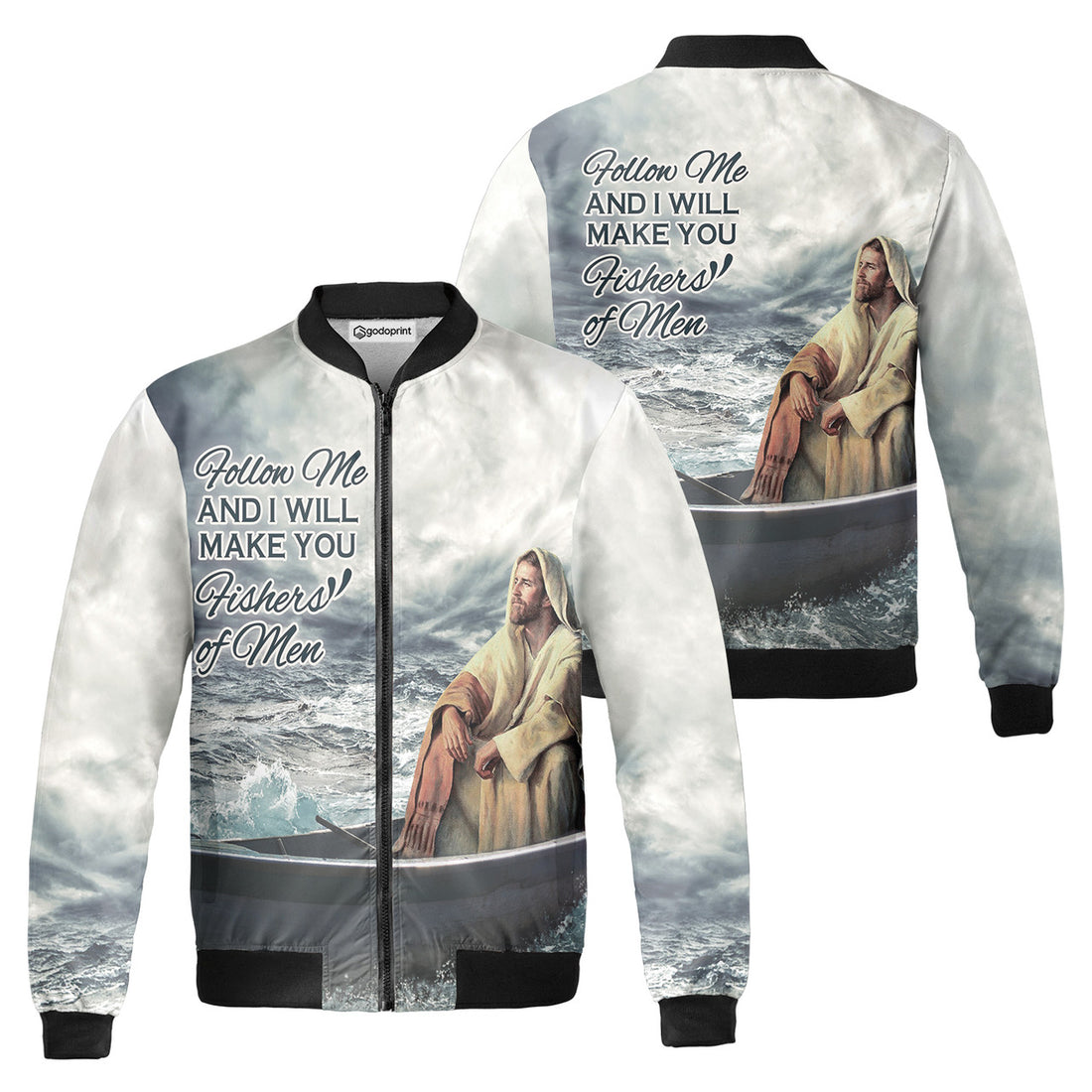 Follow Me And I Will Make You Fishers of Men Jesus Fleece Bomber Jacket AOP Zip-up