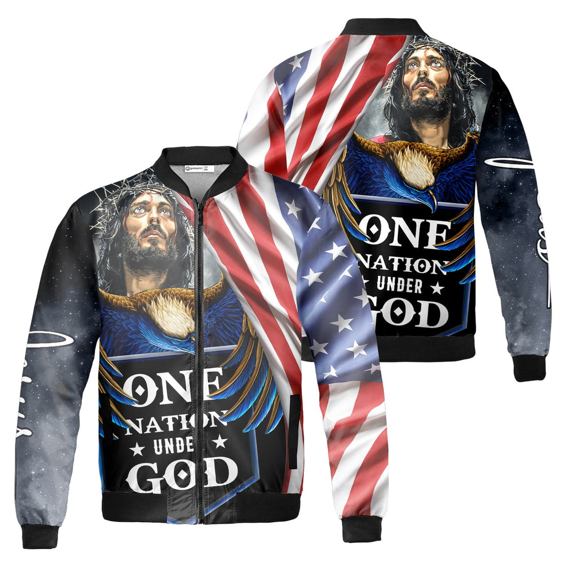 One Nation Under God Eagle America Flag Jesus Fleece Bomber Jacket AOP Zip-up Gift for Christians
