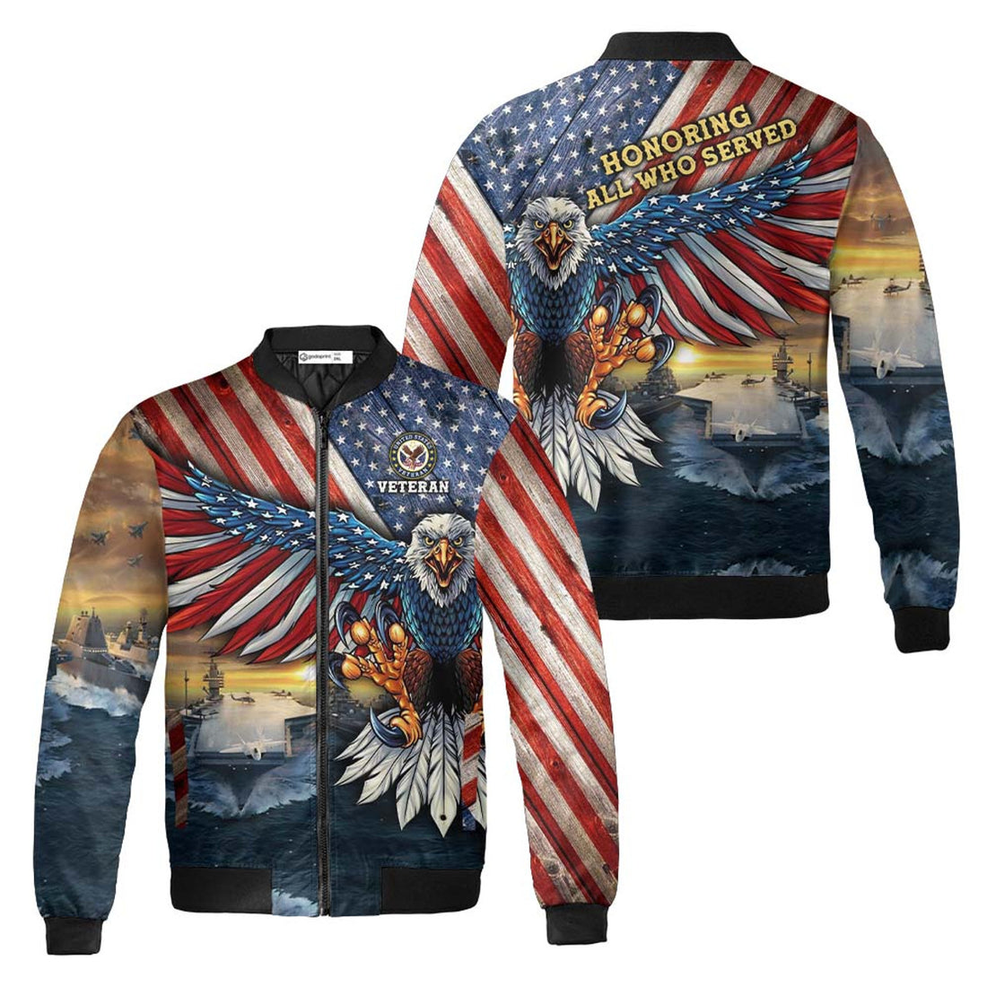 U.S Flag Eagle Navy Bomber Jacket Veteran Honoring All Who Served Blue Jacket